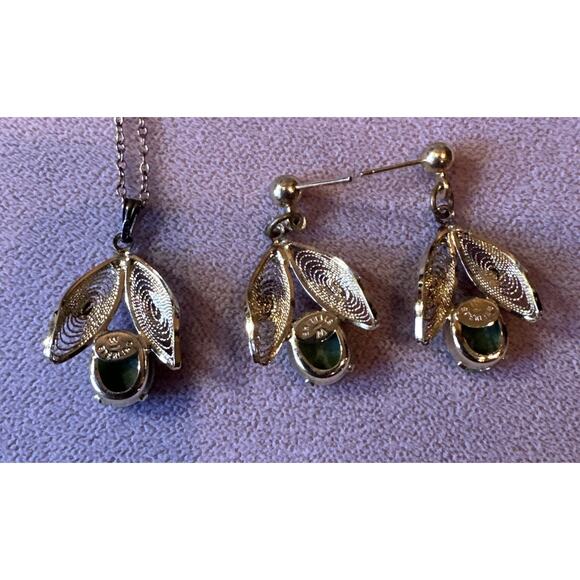 VTG W Signed 1/20 12k Filigree On Sterling Jade Post Earrings & Necklace Set - Picture 5 of 10